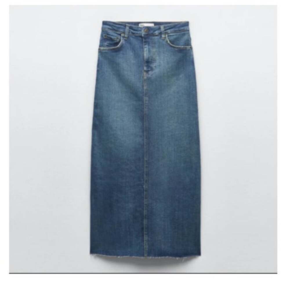 Zara Frayed Hem Midi Denim Skirt XL Faded High Waist